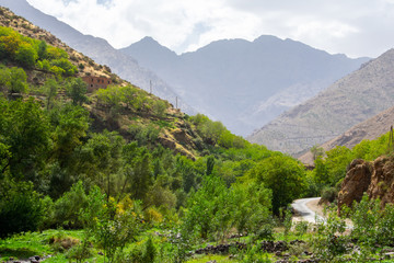 Fototapeta na wymiar High Atlas Mountains in Morocco. Nature Landscape of North Africa, Road to Toubkal or Tubkal Mountain 