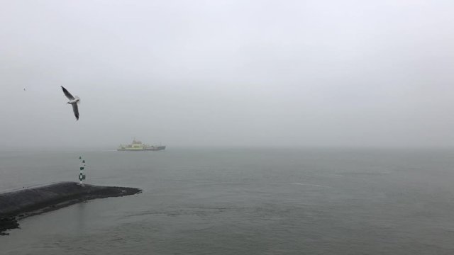 Leaving the harbor of Den Helder on a misty day in The Netherlands