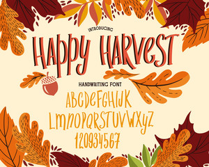 Font thanksgiving day. Typography alphabet with colorful autumn illustrations.