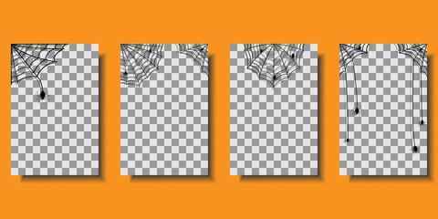 Halloween cobweb with spiders in corners, isolated on transparent background. Cobweb set for scary design