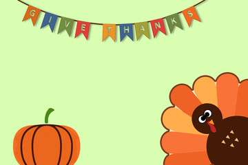 Happy Thanksgiving text Cartoon Turkey on green background Thanksgiving poster with hanging give thanks text and pumpkin