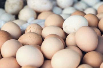 Lots of organic eggs on a market stall, outdoor, close up