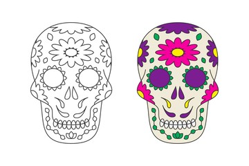 Sugar skull line icon on white background. Dia de los Muertos illustration. Editable stroke