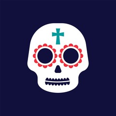 White sugar skull icon on dark background. Dia de los Muertos illustration