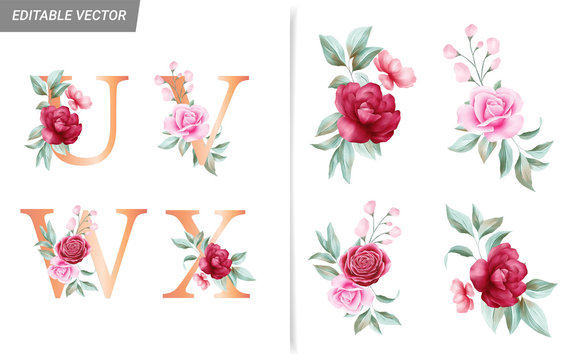 Floral alphabet set with watercolor flowers elements. Letters U, V, W, X with botanical arrangements composition. Flower bouquet illustration for wedding invitation decoration design vector