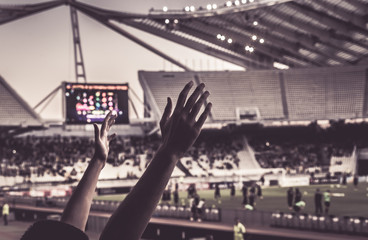 Football fan with raised hands