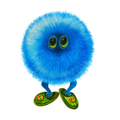 fluffy ball, funny monster, watercolor painting isolated on white background