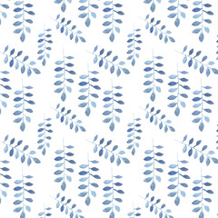 Watercolor blue creative leaves of acacia on white background, seamless pattern