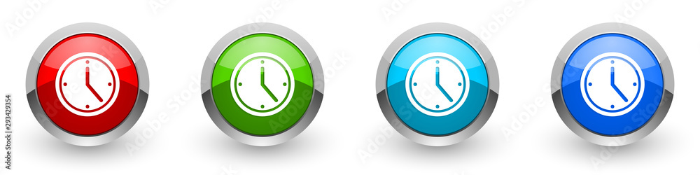 Poster Time silver metallic glossy icons, red, set of modern design buttons for web, internet and mobile applications in four colors options isolated on white background