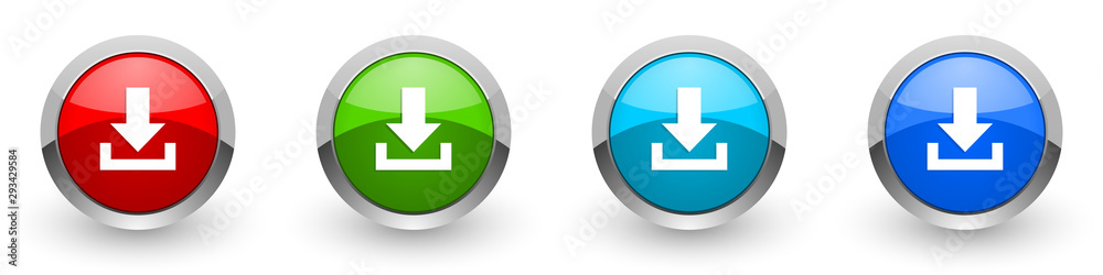 Poster Download silver metallic glossy icons, red, set of modern design buttons for web, internet and mobile applications in four colors options isolated on white background