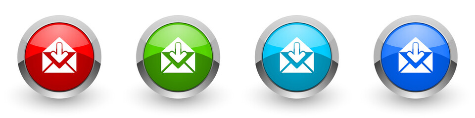 Email silver metallic glossy icons, red, set of modern design buttons for web, internet and mobile applications in four colors options isolated on white background
