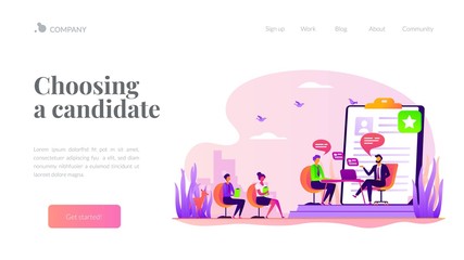 Employee hiring. Recruiter and vacancy candidates. Personnel recruitment. HR management. Job interview, employment process, choosing a candidate concept. Website homepage header landing web page