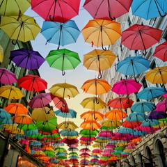 Fototapeta na wymiar Colorful umbrellas above the street