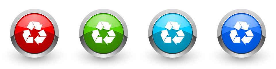 Recycle silver metallic glossy icons, red, set of modern design buttons for web, internet and mobile applications in four colors options isolated on white background