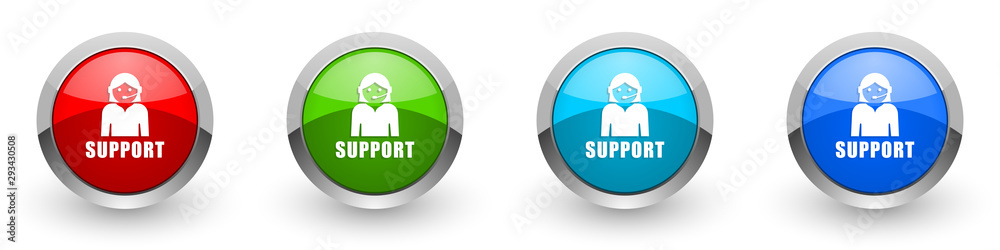 Poster Support silver metallic glossy icons, red, set of modern design buttons for web, internet and mobile applications in four colors options isolated on white background