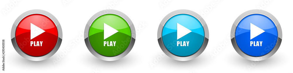 Aufkleber play silver metallic glossy icons, red, set of modern design buttons for web, internet and mobile ap