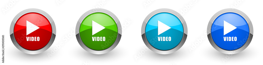Poster video silver metallic glossy icons, red, set of modern design buttons for web, internet and mobile a