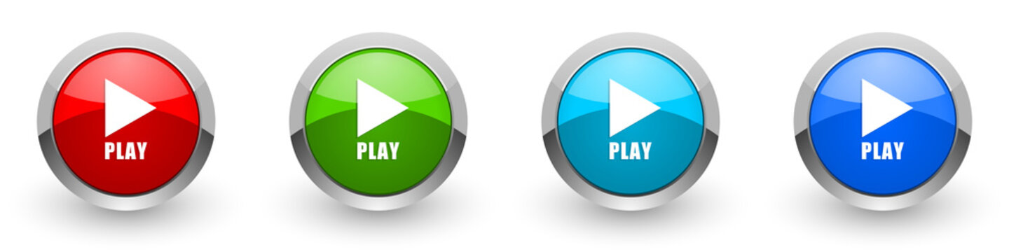 Play silver metallic glossy icons, red, set of modern design buttons for web, internet and mobile applications in four colors options isolated on white background