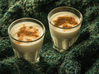 Eggnog. Traditional Christmas drink made from raw chicken eggs and milk with cinnamon in glass.