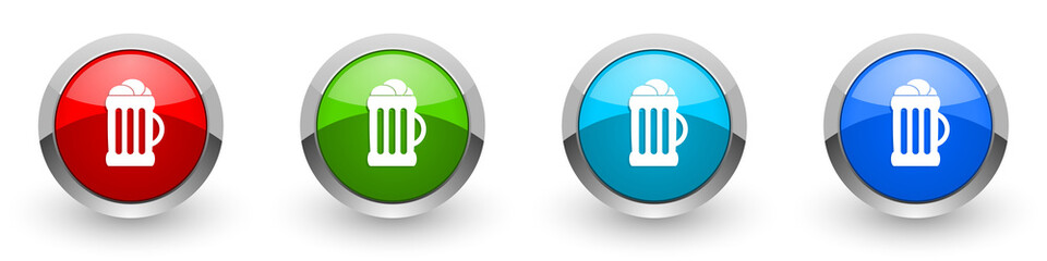Beer silver metallic glossy icons, red, set of modern design buttons for web, internet and mobile applications in four colors options isolated on white background