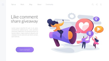 Content marketing, internet advertising business, customer attraction. Like comment share giveaway, social networks promotion, like farming concept. Website homepage header landing web page template.