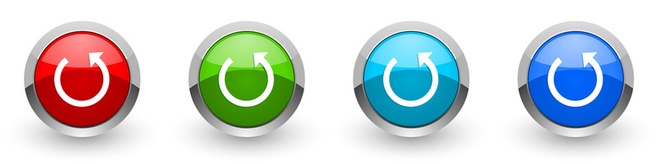 Rotate silver metallic glossy icons, red, set of modern design buttons for web, internet and mobile applications in four colors options isolated on white background
