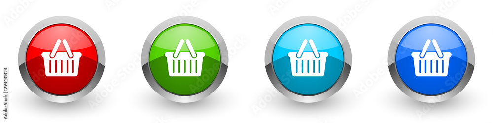 Aufkleber shopping basket silver metallic glossy icons, red, set of modern design buttons for web, internet an