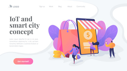Obraz na płótnie Canvas Smart retail, retail mobility solutions, IoT and smart city concept. Website homepage interface UI template. Landing web page with infographic concept hero header image.