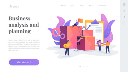Project management, business analysis and planning, waterfall project management concept. Website homepage interface UI template. Landing web page with infographic concept hero header image.