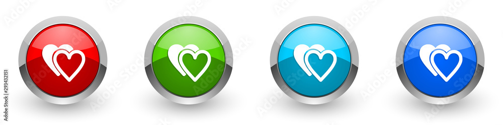 Poster love silver metallic glossy icons, red, set of modern design buttons for web, internet and mobile ap