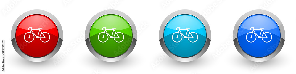 Poster bicycle silver metallic glossy icons, red, set of modern design buttons for web, internet and mobile