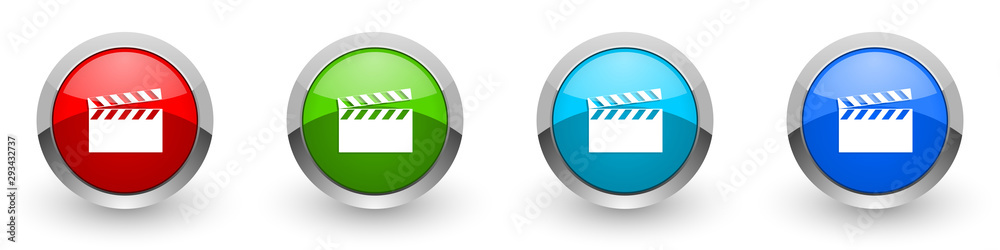 Poster video silver metallic glossy icons, red, set of modern design buttons for web, internet and mobile a