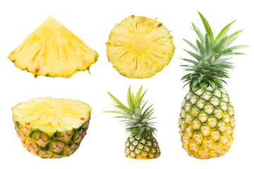 Fototapeta na wymiar Pineapple collection. Whole and sliced pineapple isolated on white background