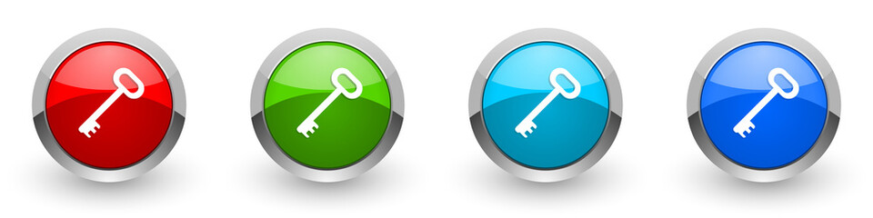 Key silver metallic glossy icons, red, set of modern design buttons for web, internet and mobile applications in four colors options isolated on white background