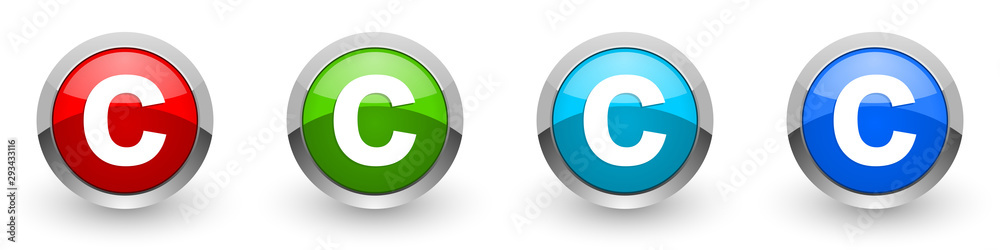 Aufkleber copyright silver metallic glossy icons, red, set of modern design buttons for web, internet and mobi