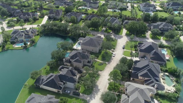 Aerial view of affluent homes in upscale community in Houston, Texas