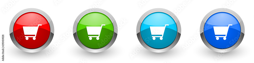 Poster cart silver metallic glossy icons, red, set of modern design buttons for web, internet and mobile ap