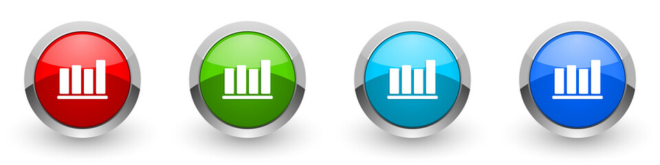 Bar chart silver metallic glossy icons, red, set of modern design buttons for web, internet and mobile applications in four colors options isolated on white background.