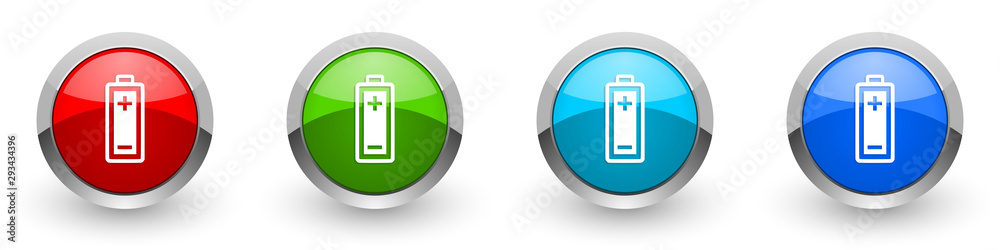 Poster battery silver metallic glossy icons, red, set of modern design buttons for web, internet and mobile