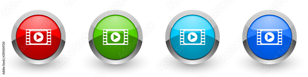 Poster Video silver metallic glossy icons, red, set of modern design buttons for web, internet and mobile applications in four colors options isolated on white background