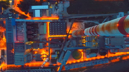 aerial Energy power station  thermal power plant on sunset dusk night top view abstract business...