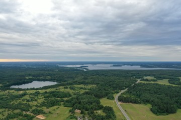 Photo of a lake on top helicopter blue water sunset. Republic of Belarus location