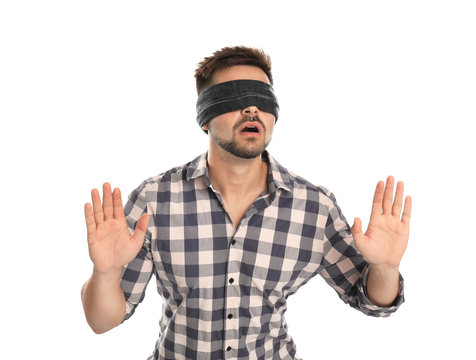 Blindfolded man point at screen 21243483 PNG