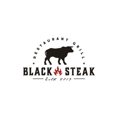 Cattle Bull Angus Buffalo with Fire Flame for Beef Meat Steak Grill Barbeque barbecue bbq Vintage Retro Logo design
