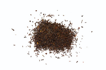 Dry tea leaves isolated on white background. Top view
