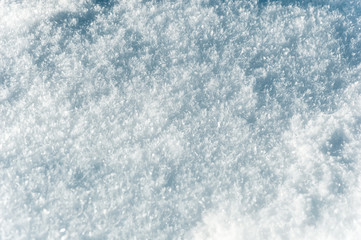 Winter background: fluffy snow surface close-up with visible snowflakes. Christmas and Happy New Year background with snow texture