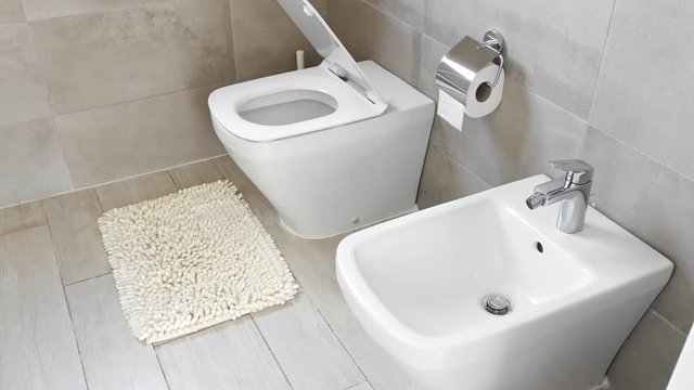 White ceramic toilet and bidet at luxury bathroom, nobody