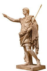 Caesar Augustus, the first emperor of Ancient Rome. Bronze monumental statue in the center of Rome isolated on white background by clipping path - obrazy, fototapety, plakaty
