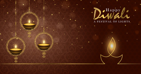 Happy diwali festival banner gold indian candle