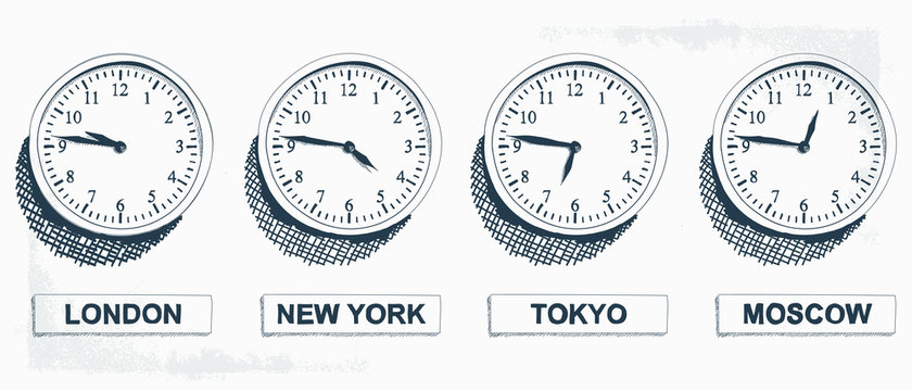 Timezone Business Clock Hand Drawn Illustration. Clocks showing the time around the world. - Vector
